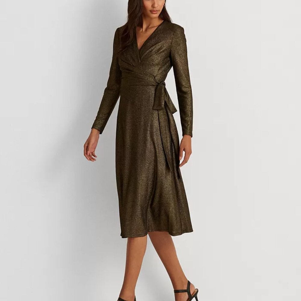 Lauren Ralph Lauren Green Sheath Dress V-Neck Long Sleeve